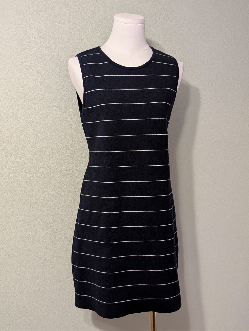 THEORY Navy Blue White Stripe Sleeveless Sheath Dress Wool Medium - Picture 3 of 9